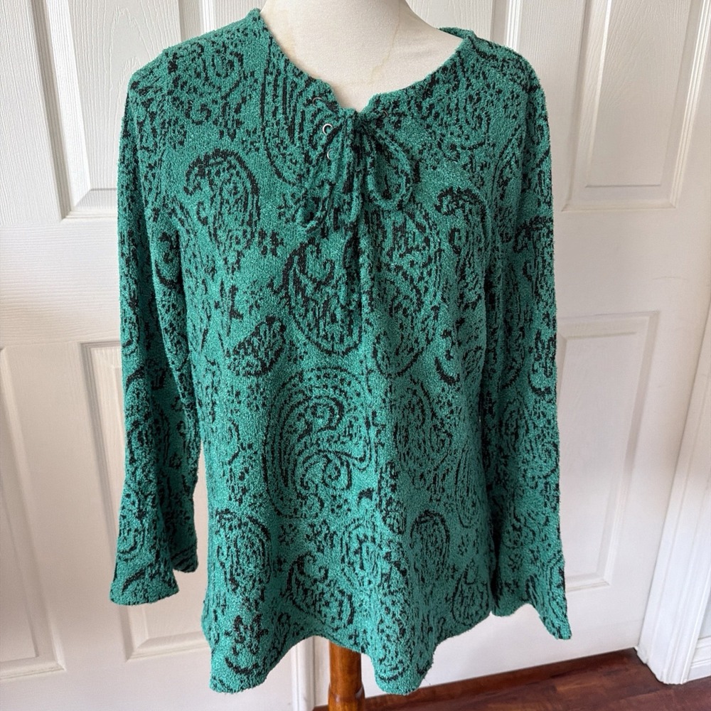 One World Womens L Green Black Paisley Textured Tie Neck Boho Top Long Sleeve
